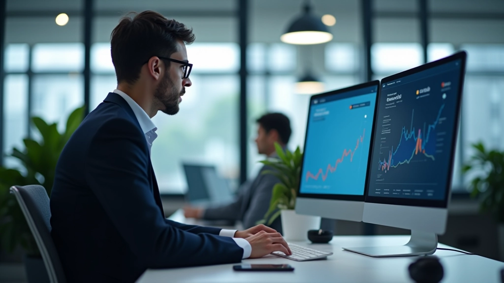 Technologie-Integration für Finanzautomatisierung, modernes Büro mit digitalen Tools und Software-Interfaces
