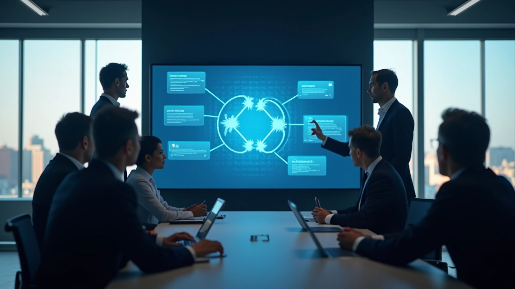 Business-Meeting mit Teilnehmern, die auf einen großen Bildschirm mit Netzwerk-Grafiken schauen, moderne Konferenzraum-Einrichtung