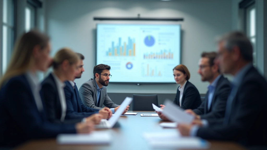 Geschäftsleute in einem Besprechungszimmer, die über Finanzberichte und Charts diskutieren, konzentriert und engagiert