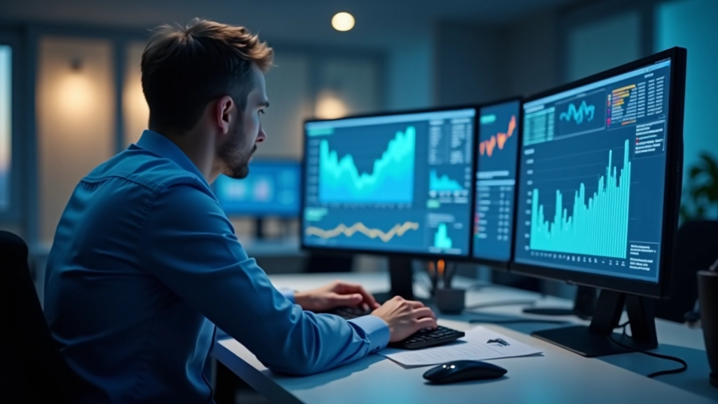 Finanzanalyst an seinem Schreibtisch mit mehreren Bildschirmen, die Daten und Grafiken anzeigen, konzentrierte Arbeit