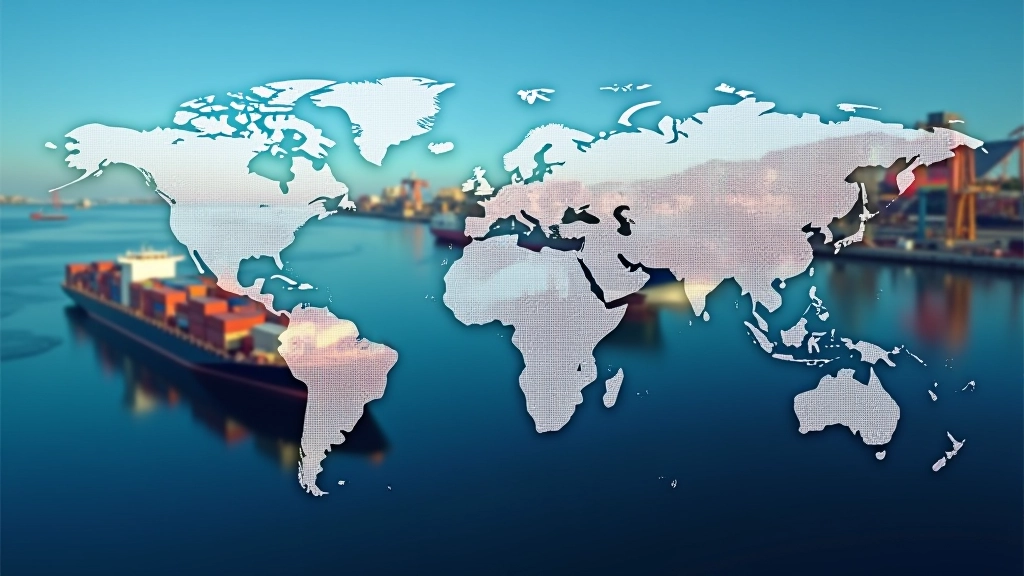 Globale Handelsrouten mit Schiffe und Güter, Weltkarte mit Verbindungslinien, Hafenanlage