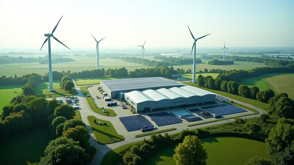 Nachhaltige Industrie mit grünen Energiequellen, Windkraftanlagen und moderne Fabriken, Luftaufnahme
