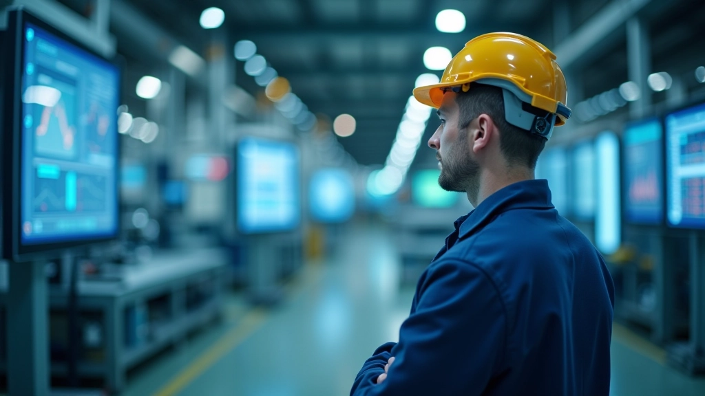 Moderne Fabrikhalle mit automatisierten Produktionslinien, digitale Anzeigetafeln, Arbeiter in technischer Kleidung überwachen Prozesse