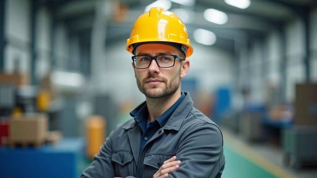 Fabrikarbeiter in Schutzausrüstung, moderne Produktionslinie mit Maschinen, konzentrierter Blick, industrielle Umgebung