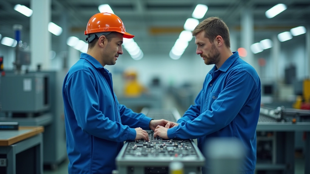 Arbeiter und Techniker in einer modernen Fabrik, die Maschinen bedienen und überwachen, technologische Ausstattung sichtbar