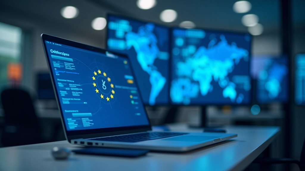 Digitale Schnittstelle zeigt Datenschutz-Symbole und Verbindungslinien zwischen europäischen Ländern, modernes Interface-Design