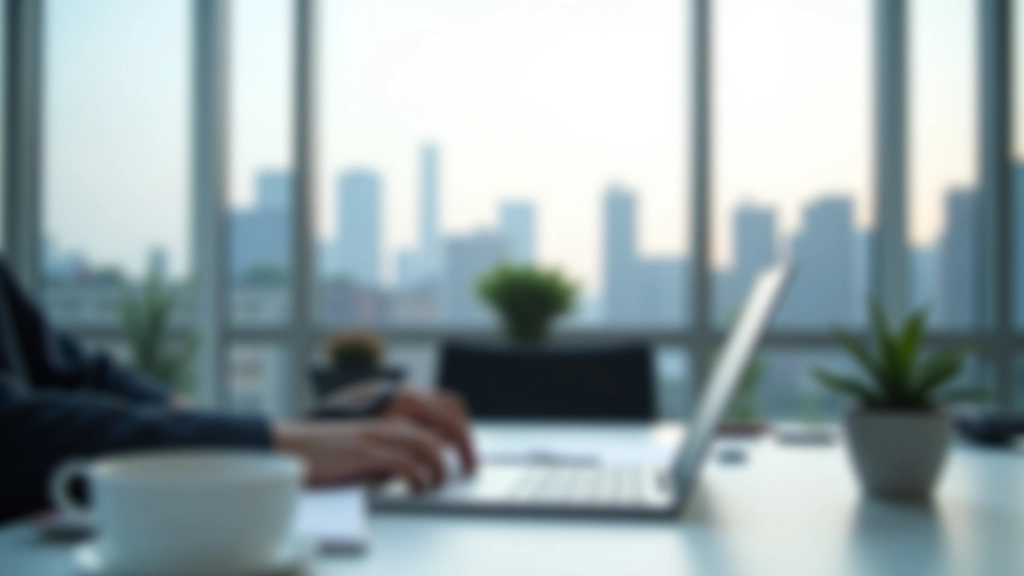 Modernes Büro mit Blick auf eine europäische Stadt, digitale Geräte auf dem Schreibtisch, professionelle Arbeitsumgebung