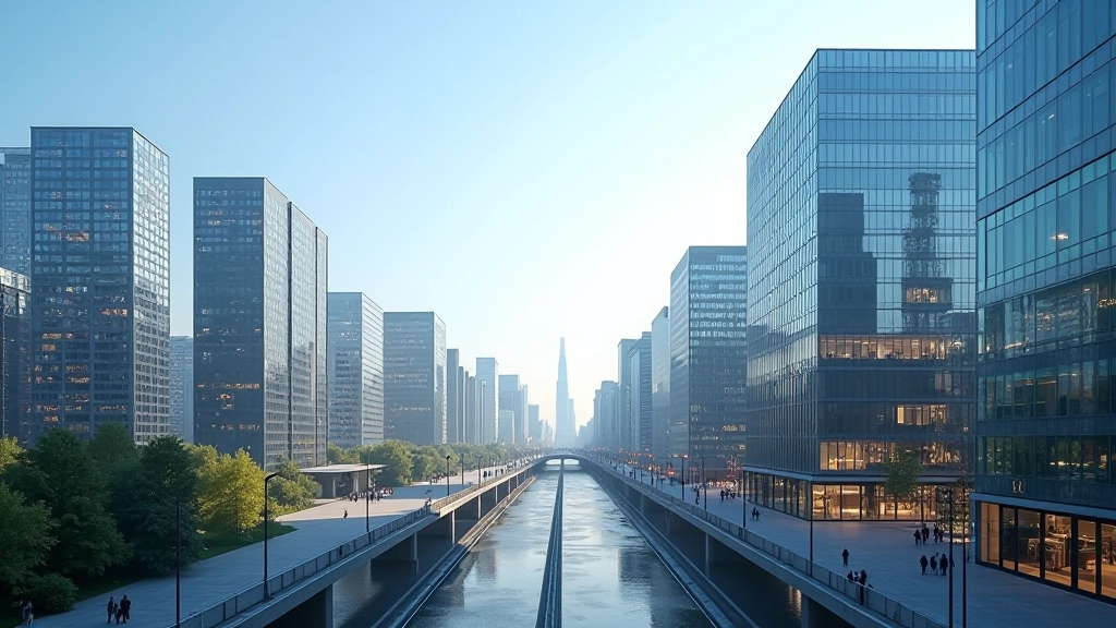 Stadtlandschaft mit modernen Gebäuden und Infrastruktur, digitale Anzeigetafeln, urbane Entwicklung, sonniges Wetter