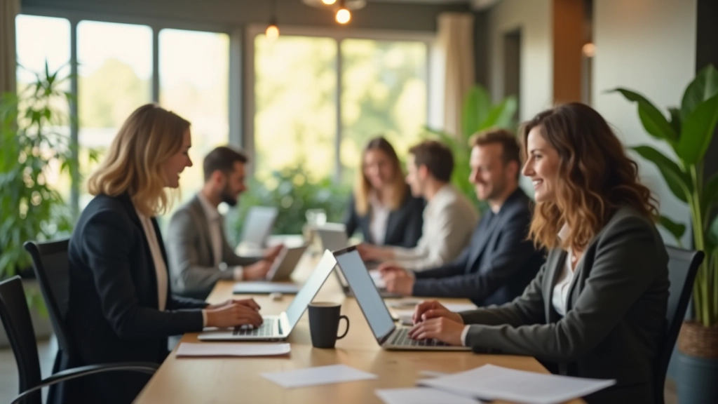 Moderne Büroumgebung mit Mitarbeitern, die an Tischen arbeiten und zusammen Strategien entwickeln