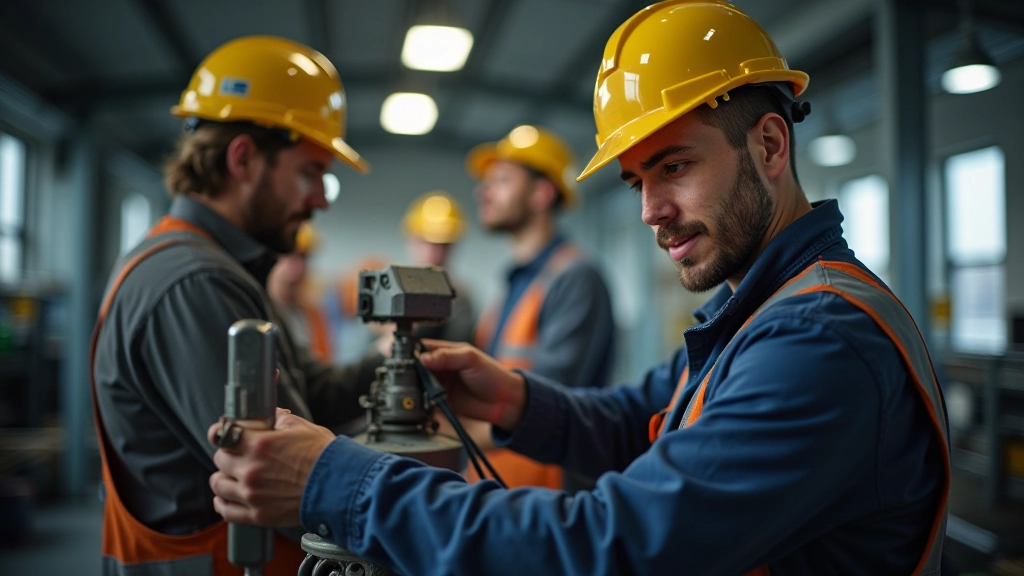 Gruppe von Fachleuten in Arbeitsbekleidung, die gemeinsam an einem Projekt arbeiten, moderne Werkstatt mit technischen Geräten