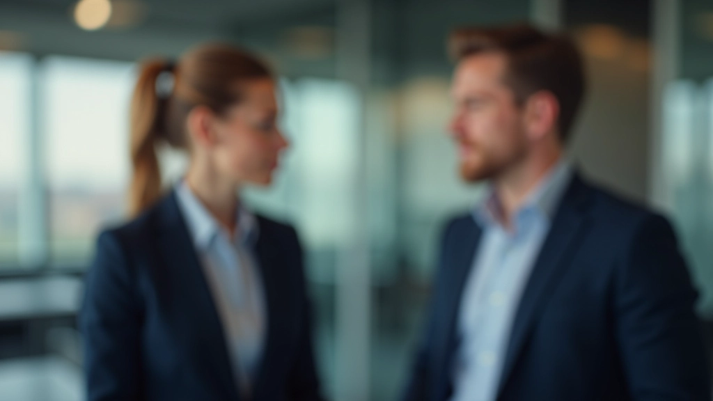 Zwei Geschäftsleute in Besprechung, beide tragen Business-Kleidung und wirken konzentriert