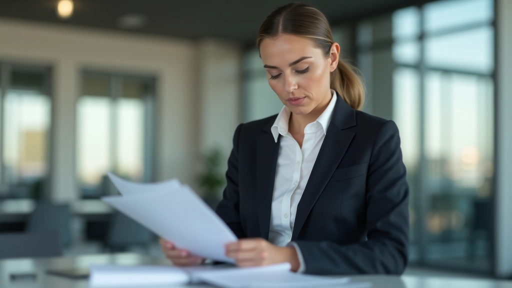 Geschäftsfrau in dunklem Anzug, konzentrierter Blick auf Finanzberichte, modernes Büro mit Fenstern, helles Tageslicht